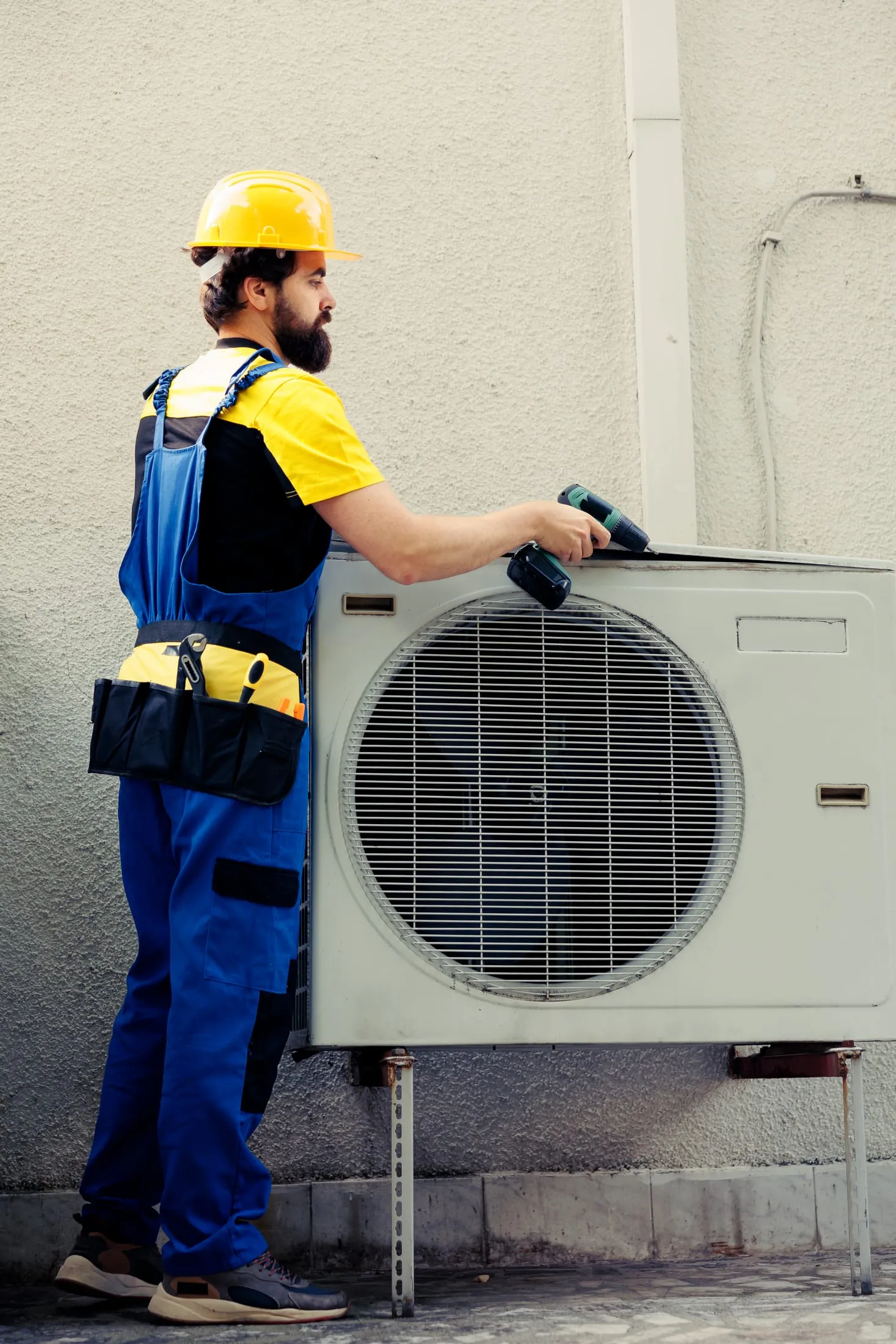 Technicien fixant le capot d'une unité extérieure de climatisation