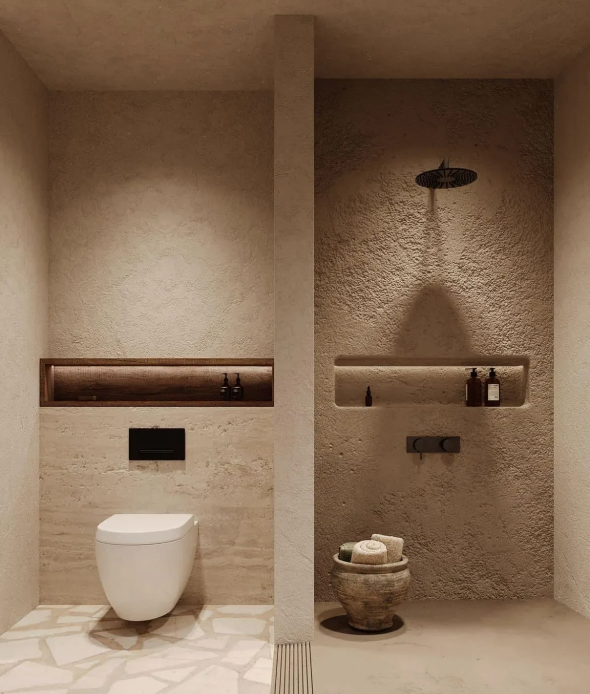 Douche à l'italienne et WC suspendu, murs en enduit beige